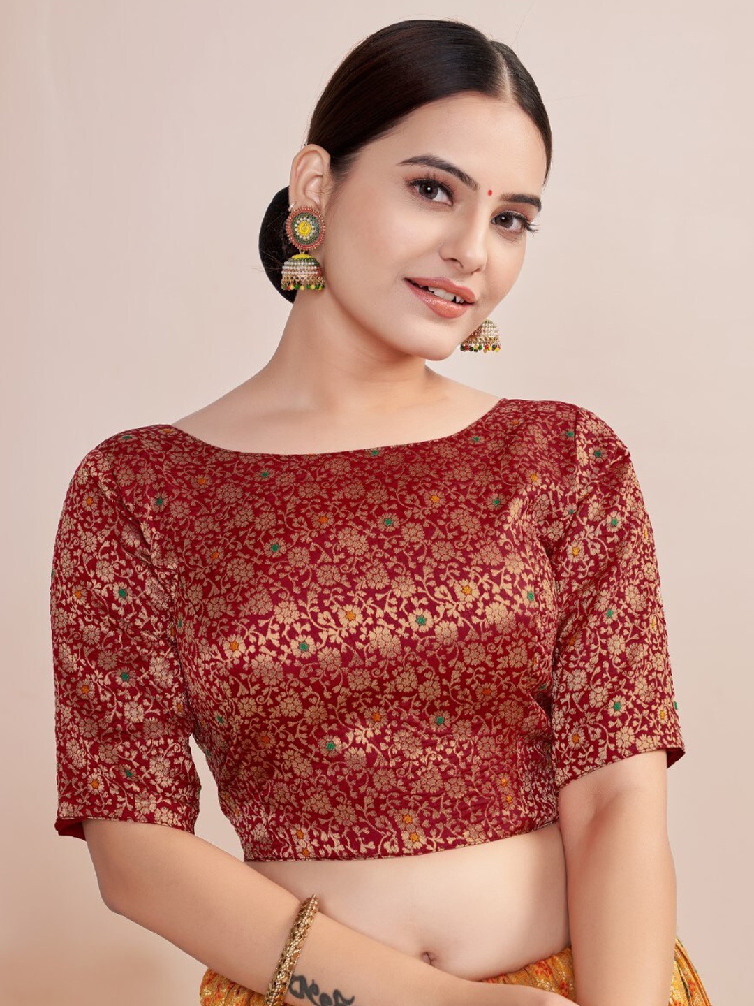 

HIMRISE Woven Design Boat Neck Silk Saree Blouse, Maroon
