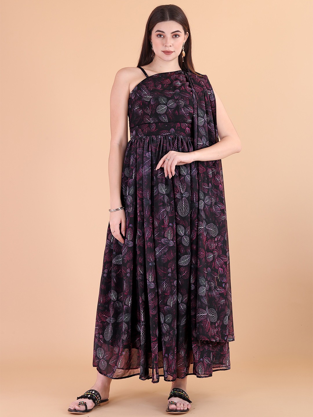 

PRENEA Floral Printed Pleated Fit & Flare Maxi Ethnic Dress, Black