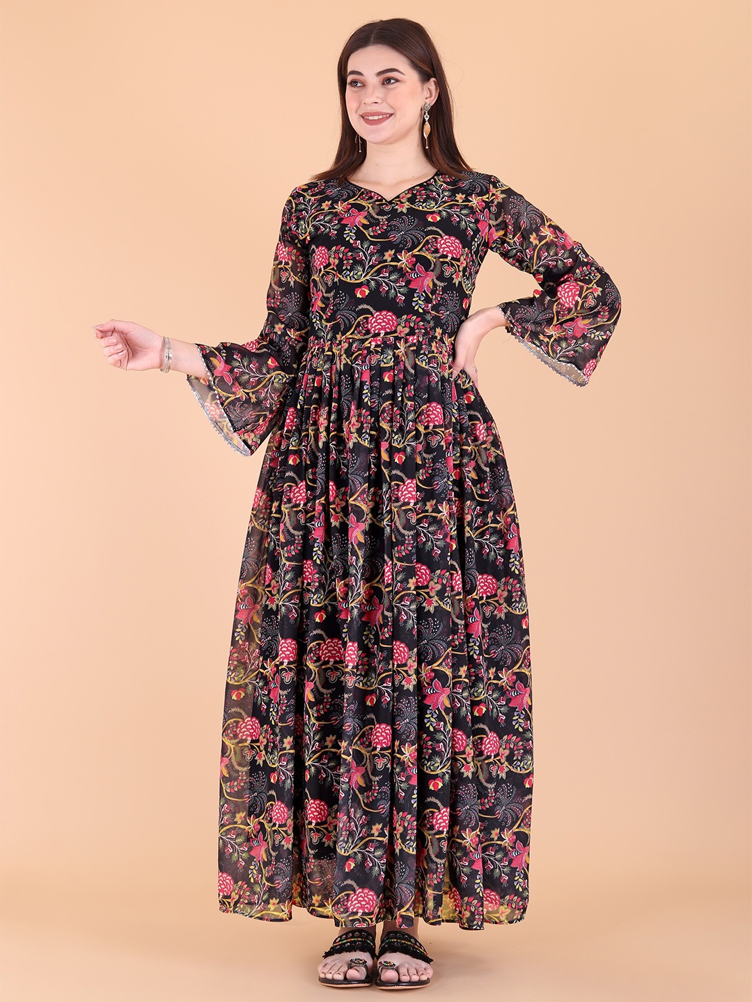 

PRENEA Notch Neck Floral Printed Georgette Fit And Flare Ethnic Dress, Black