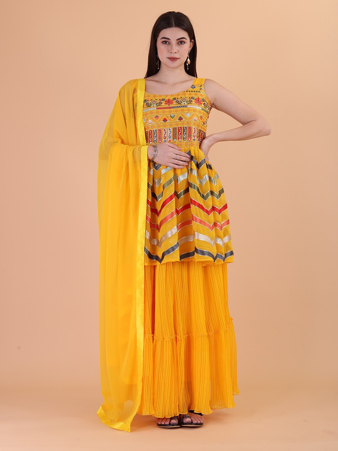 

PRENEA Round Neck Embrodiered Georgette Kurti & Skirt With Dupatta, Yellow