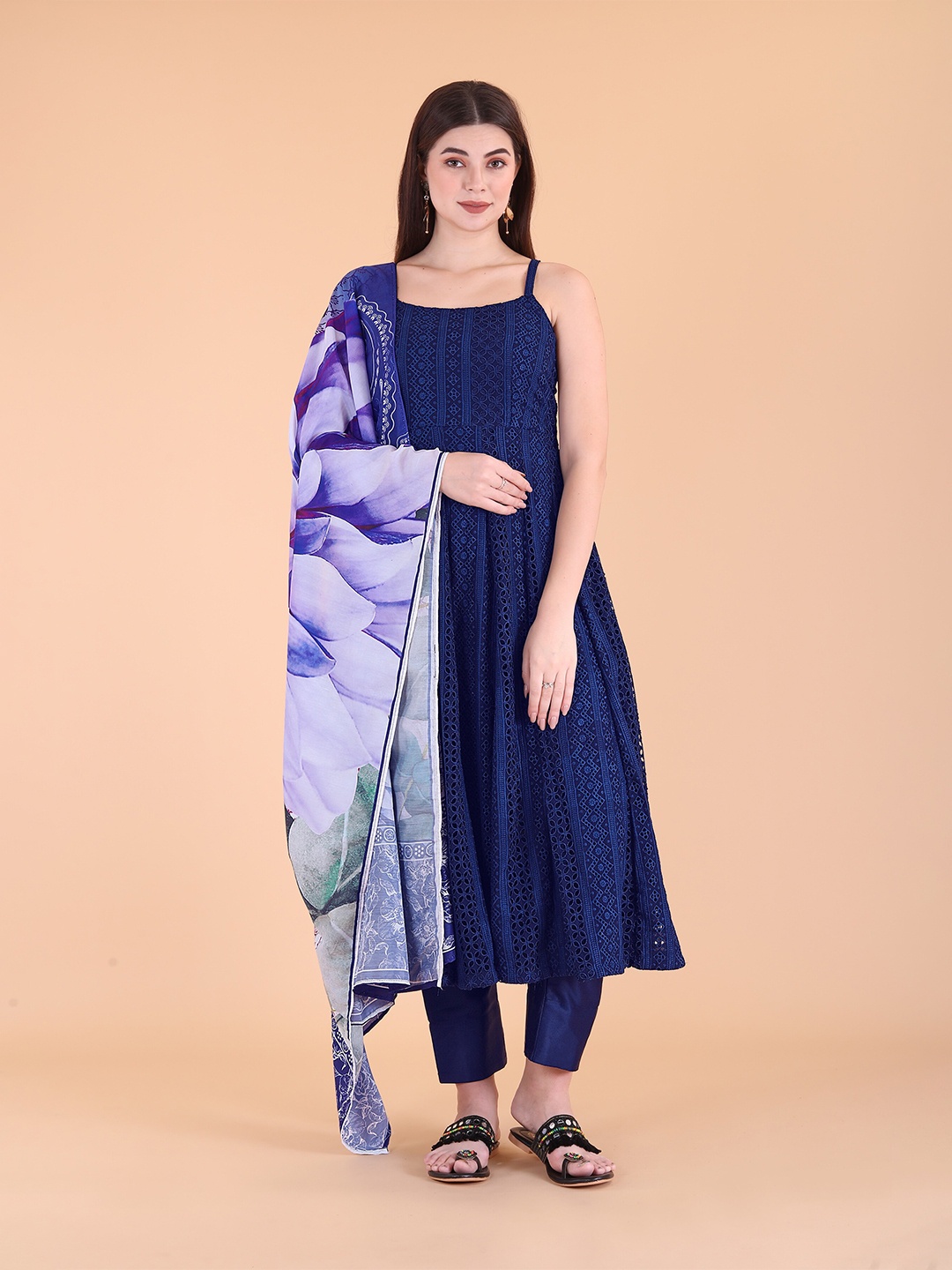 

PRENEA Floral Embroidered Shoulder Strap Kurta With Trousers & Dupatta, Navy blue