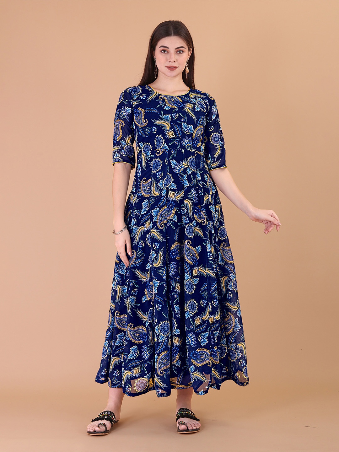 

PRENEA Round Neck Floral Printed Georgette Fit & Flare Maxi Dress, Navy blue
