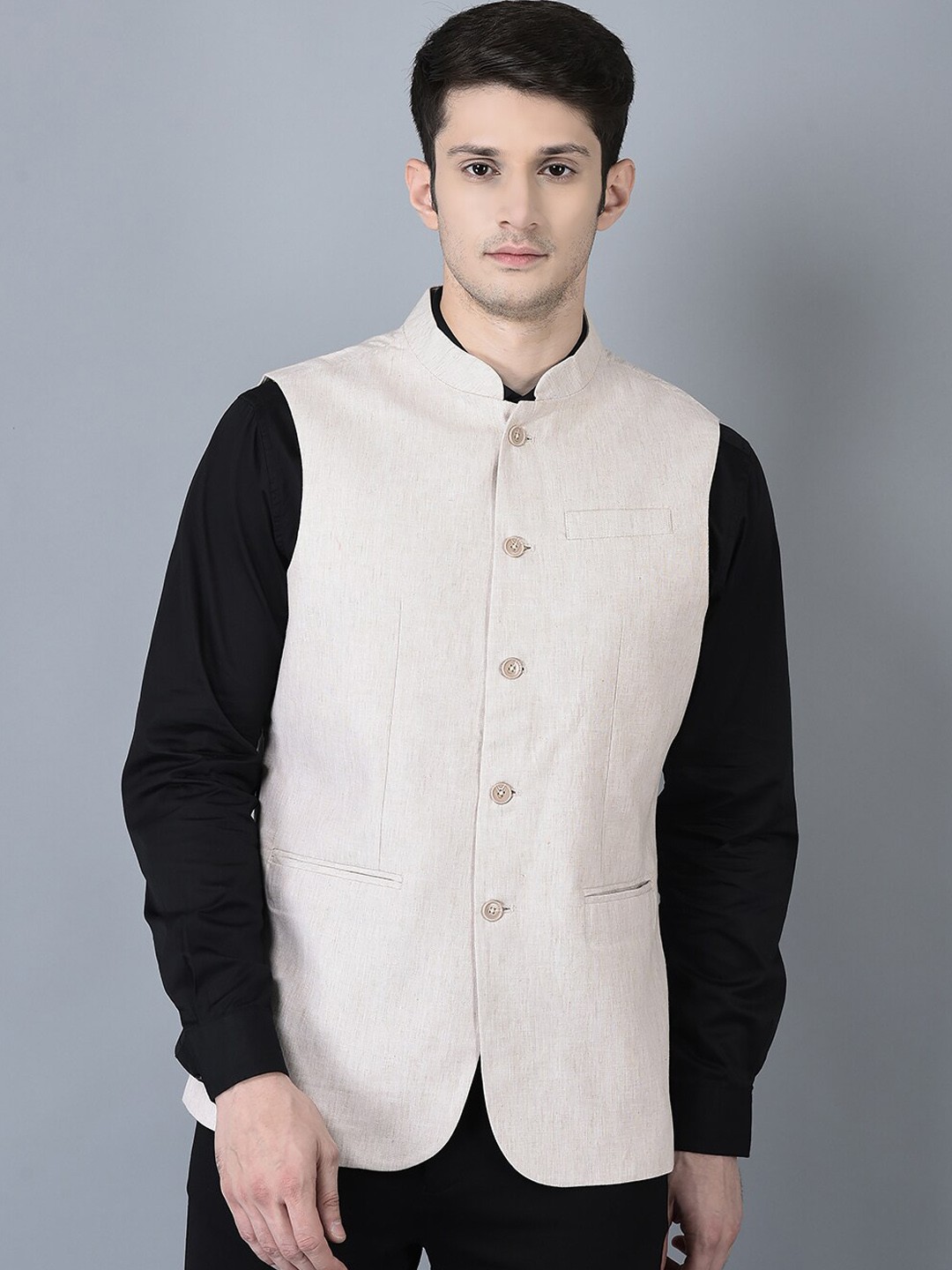 

CANOE Solid Cotton Linen Nehru Jacket, Beige