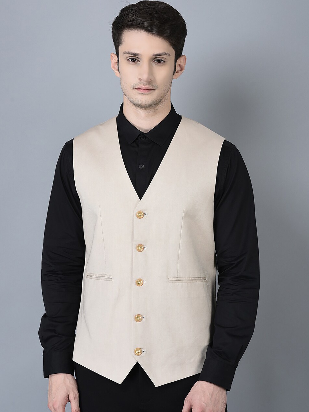 

CANOE Men Woven Terry Linen Formal Waistcoat, Beige