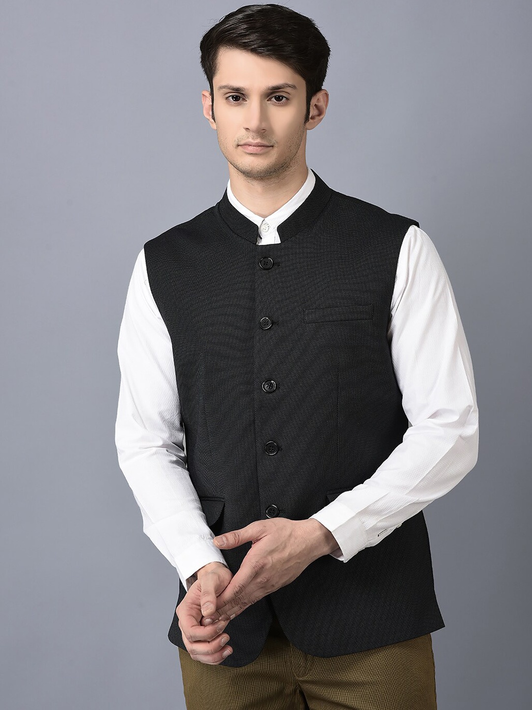 

CANOE Textured Woven Nehru Jacket, Black