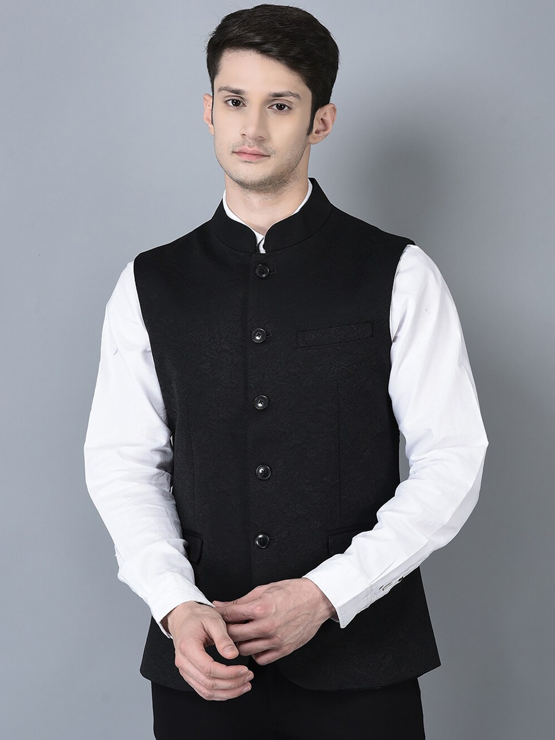 

CANOE Woven Design Nehru Jacket, Black
