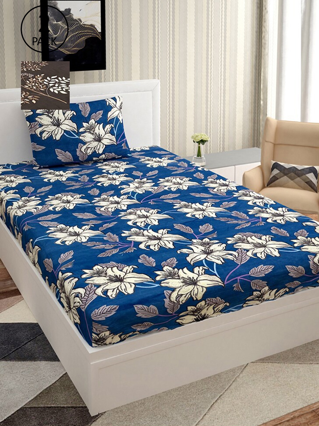 

Urban Magic Blue & Brown Floral Printed 160 TC 2 Single Bedsheets With 2 Pillow Covers