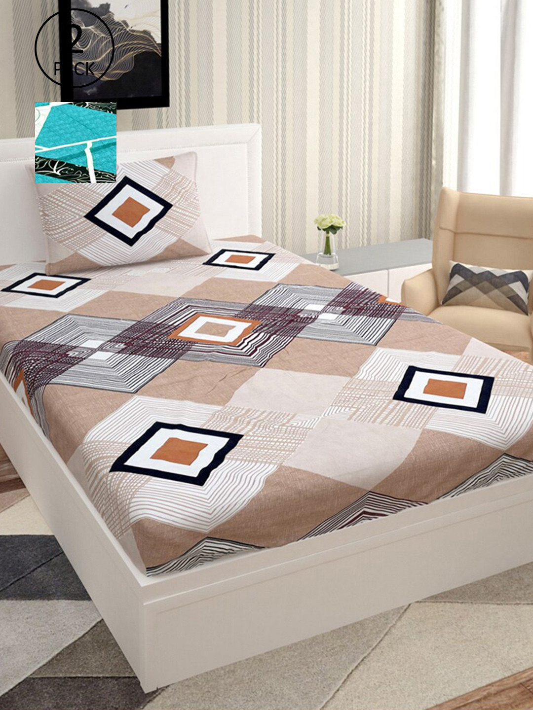 

Urban Magic Blue & Brown Geometric Printed 140 TC 2 Single Bedsheets With 2 Pillow Covers