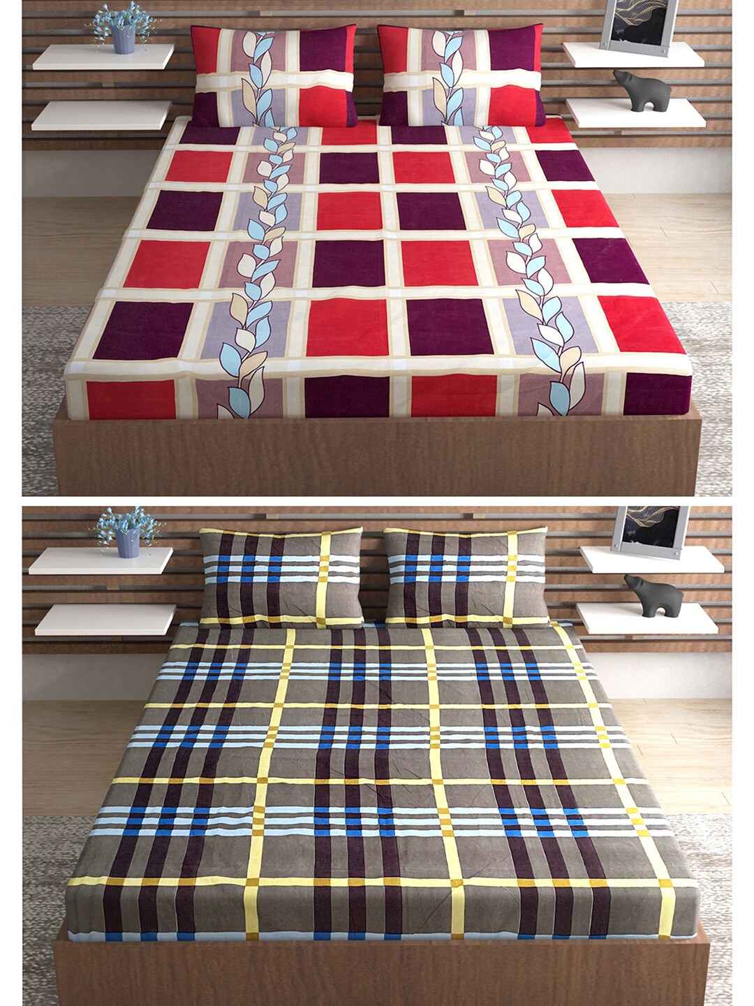 

Urban Magic Red & Blue Printed 130 TC 2 Queen Bedsheets With 4 Pillow Covers