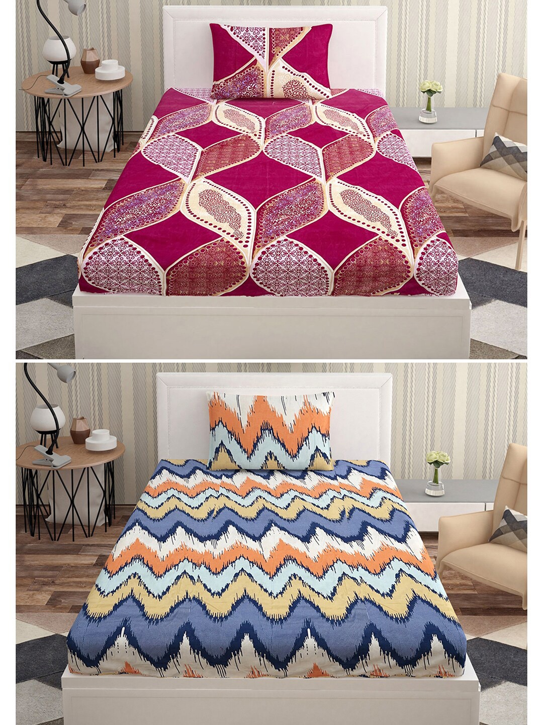 

Urban Magic Magenta & Blue Striped 130 TC 2 Single Bedsheets With 2 Pillow Covers