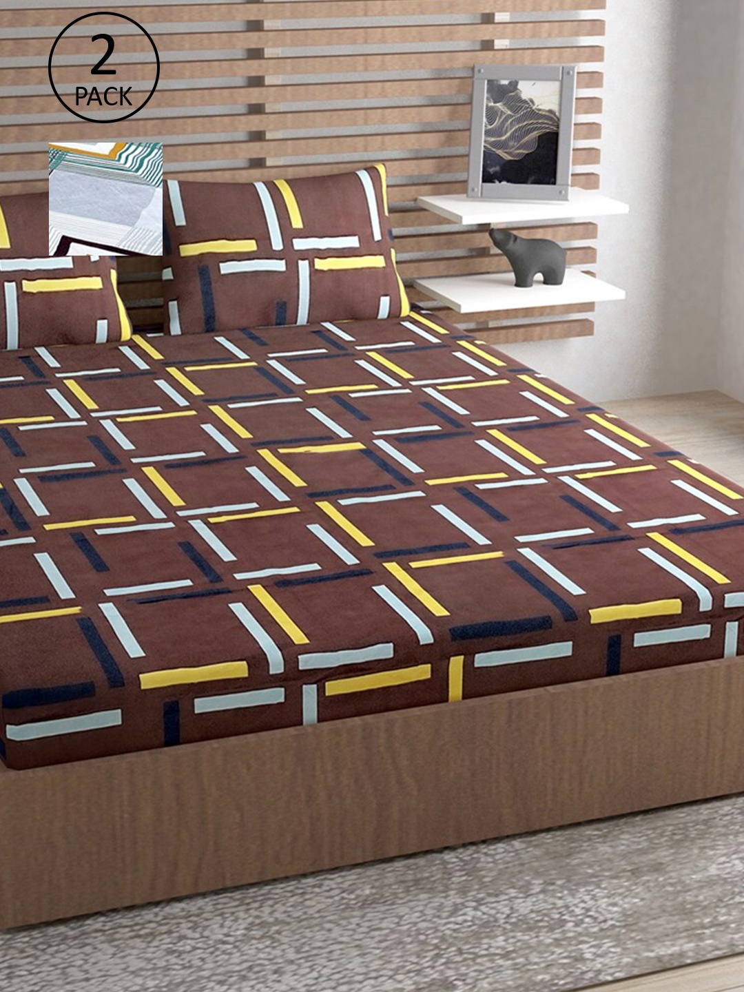 

Urban Magic Brown & Grey Geometric Printed 140 TC 2 Queen Bedsheets With 4 Pillow Covers