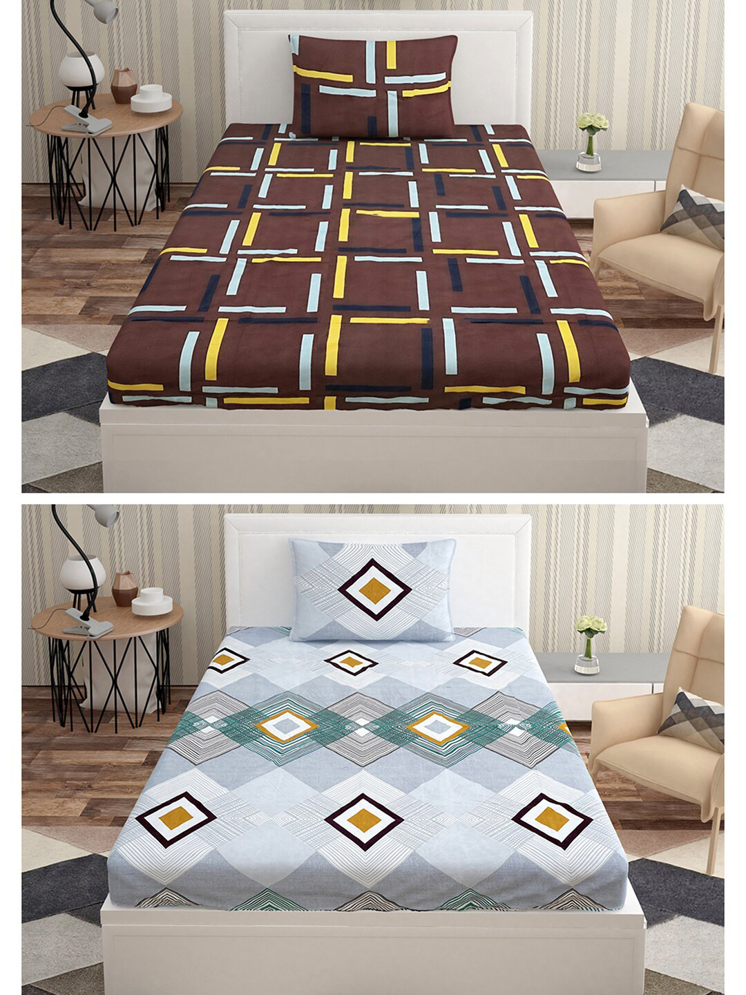 

Urban Magic Brown & Off White Printed 140 TC 2 Single Bedsheets With 2 Pillow Covers