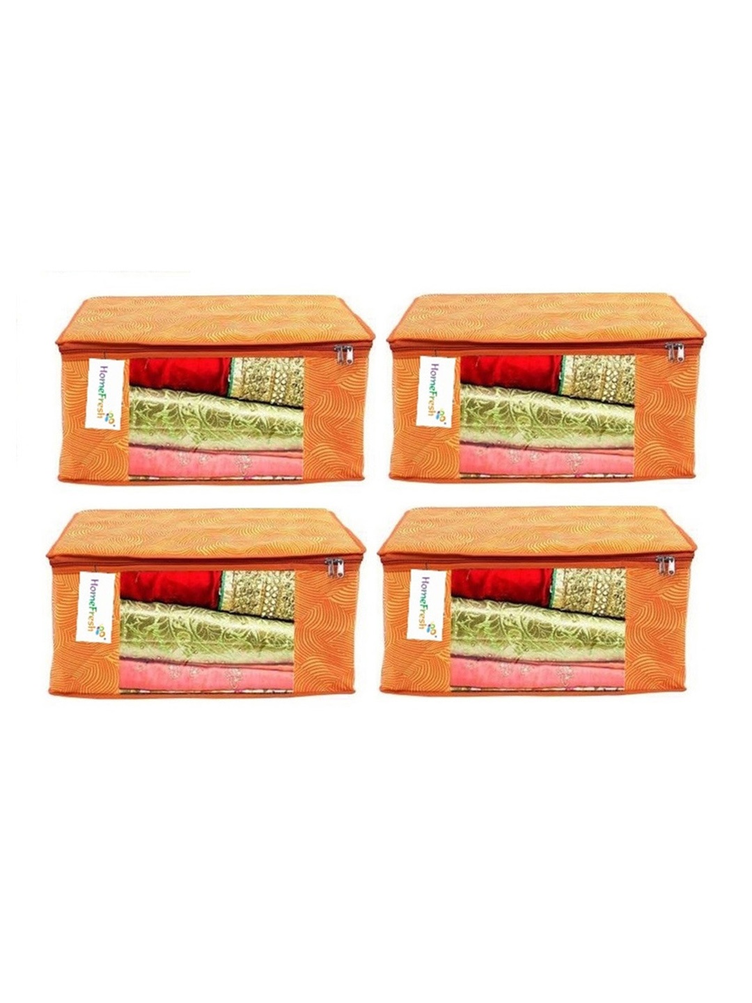 

Home Fresh Orange-Coloured 4-Pcs Lehriya Printed Canvas Multi Utility Organisers