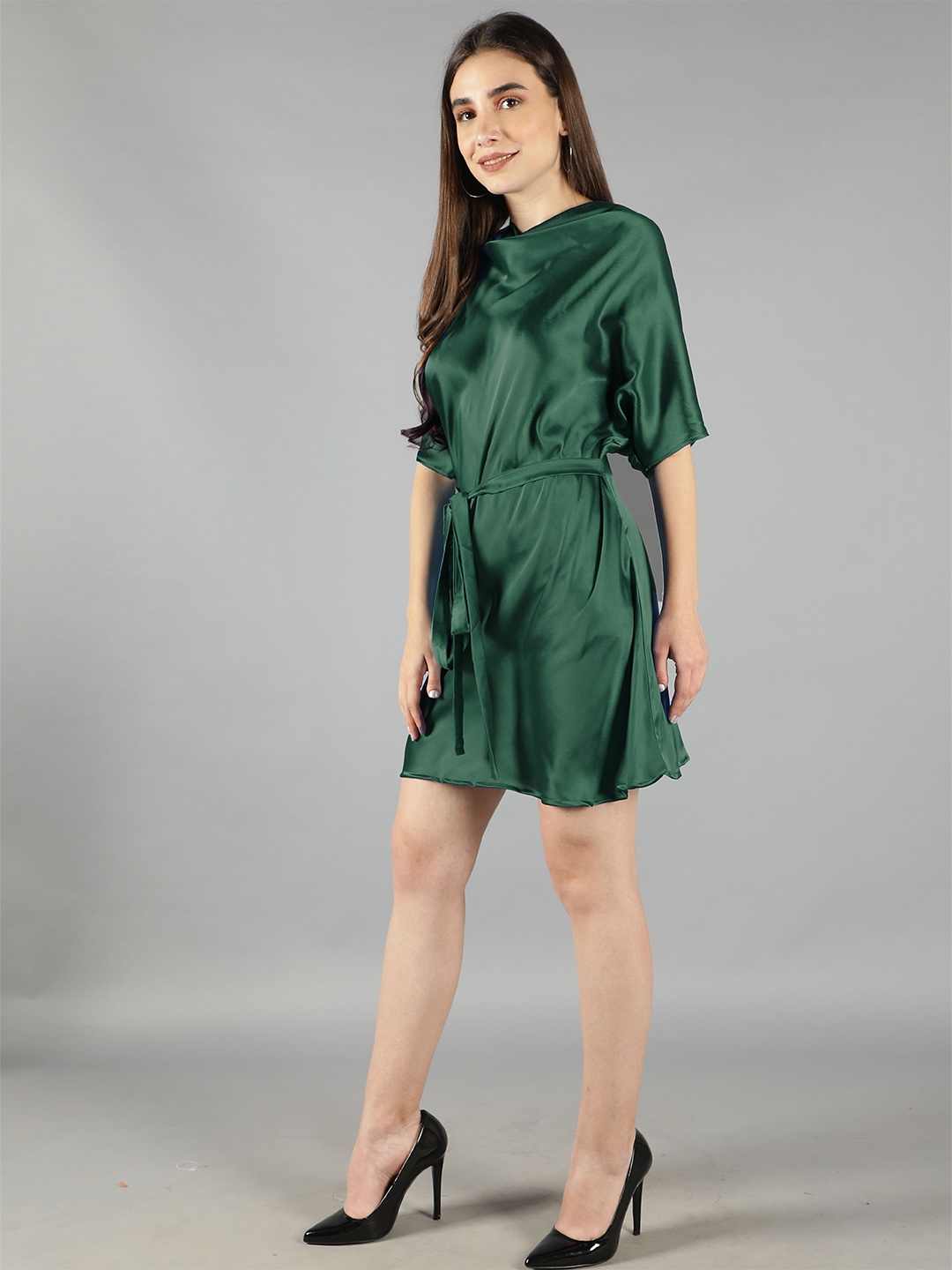 

Svelte Couture Extended Sleeves Cowl Neck Belted Satin A-Line Dress, Green