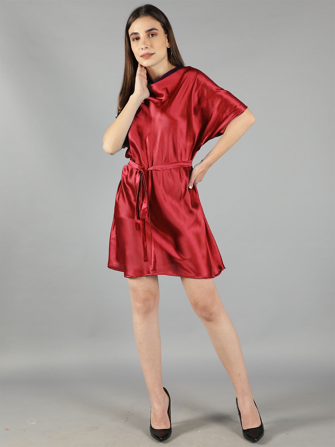

Svelte Couture Extended Sleeves Cowl Neck Belted Satin A-Line Dress, Red