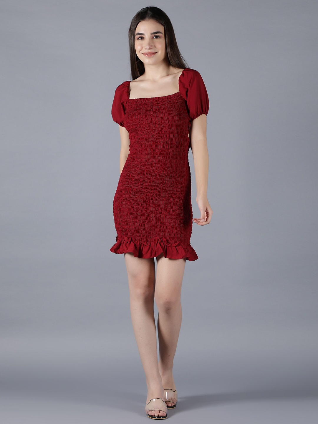 

Svelte Couture Smocked Self Design Puff Sleeve Sheath Mini Dress, Maroon