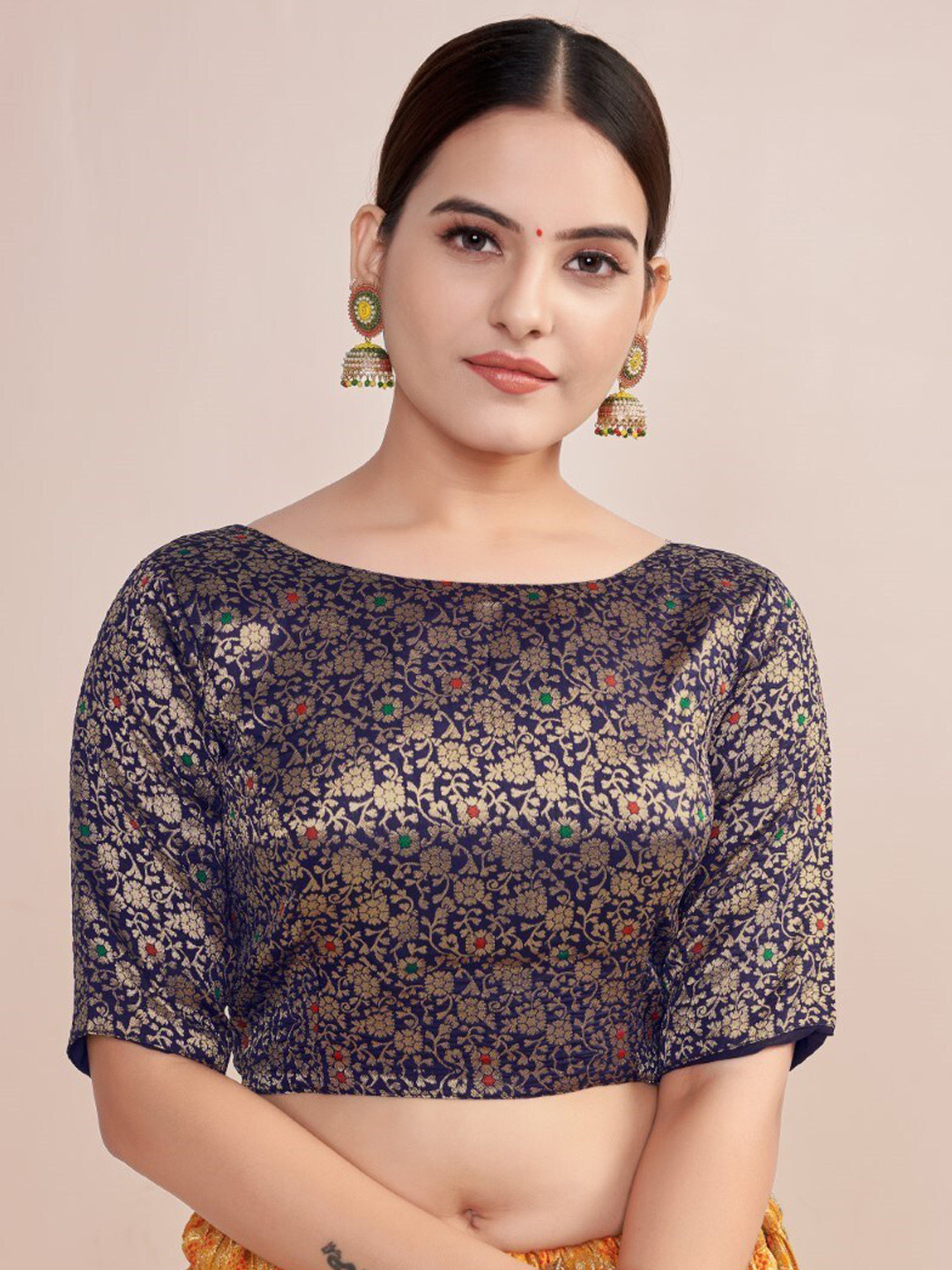 

HIMRISE Woven Design Boat Neck Silk Saree Blouse, Navy blue