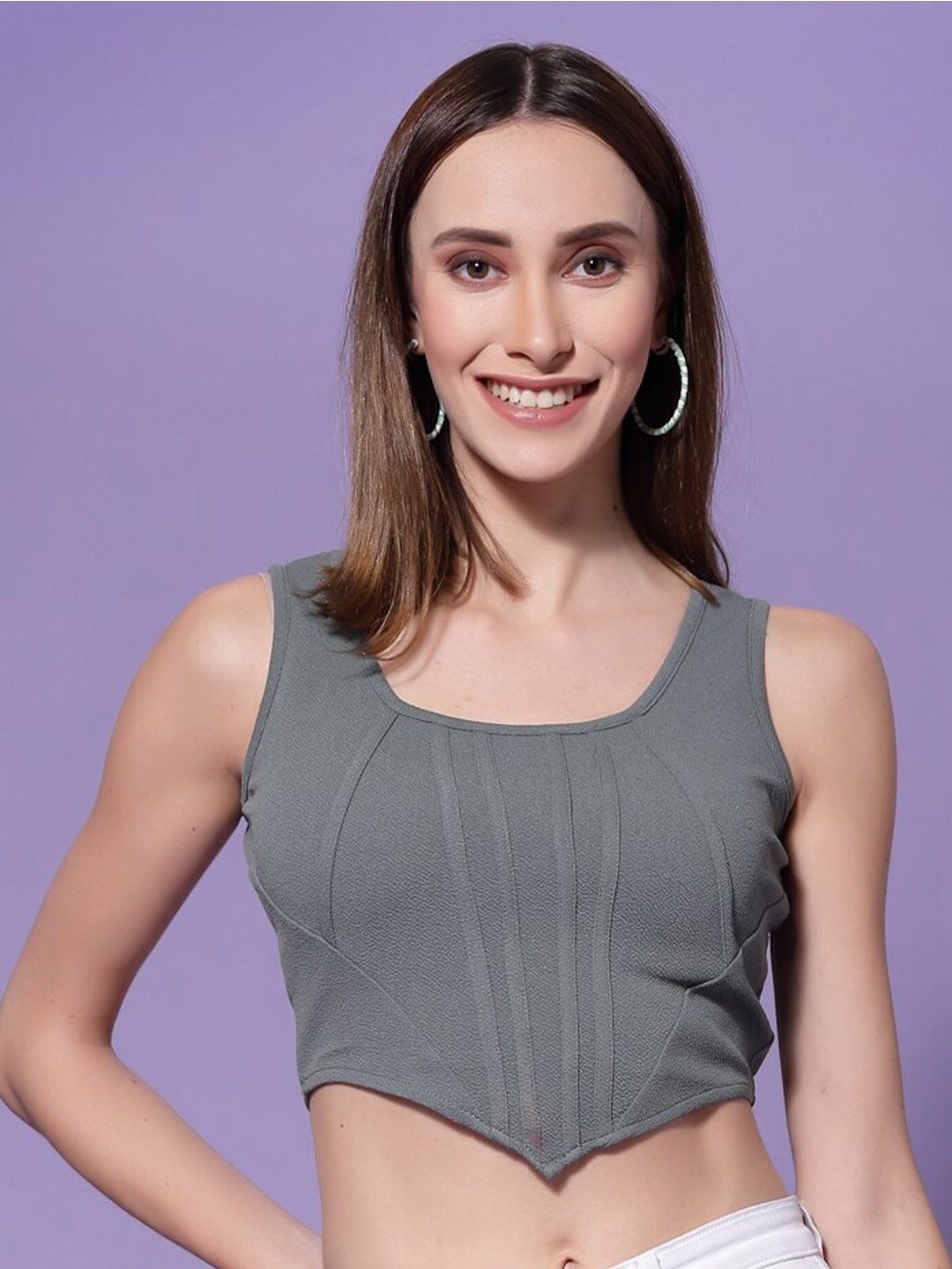 

KASSUALLY Round Neck Fitted Crop Top, Grey