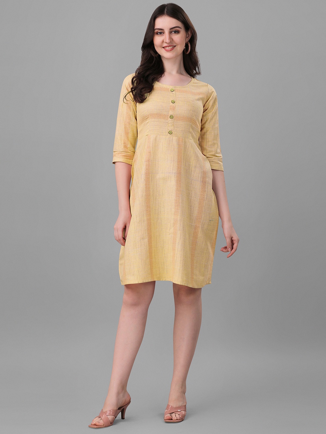 

FAVRIZ Striped Round NeckA-Line Dress, Yellow