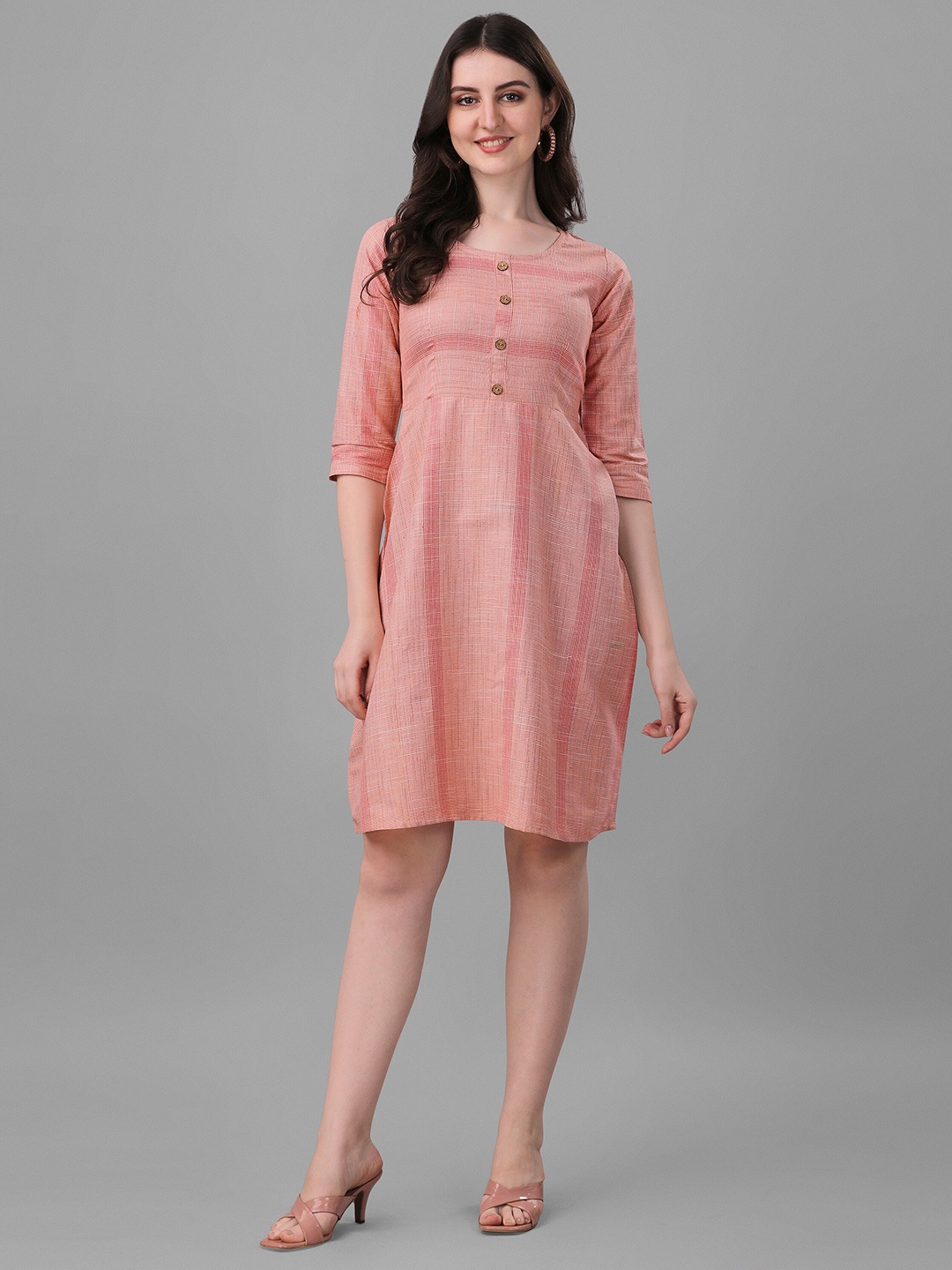 

FAVRIZ Striped Round NeckA-Line Dress, Pink