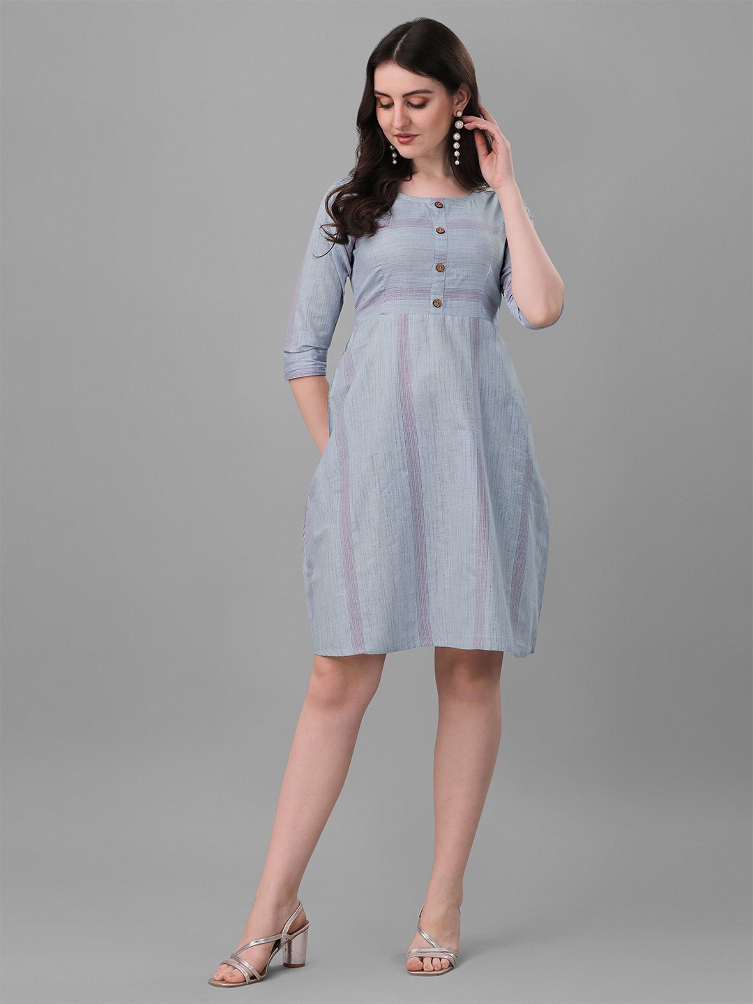 

FAVRIZ Striped Round NeckA-Line Dress, Blue