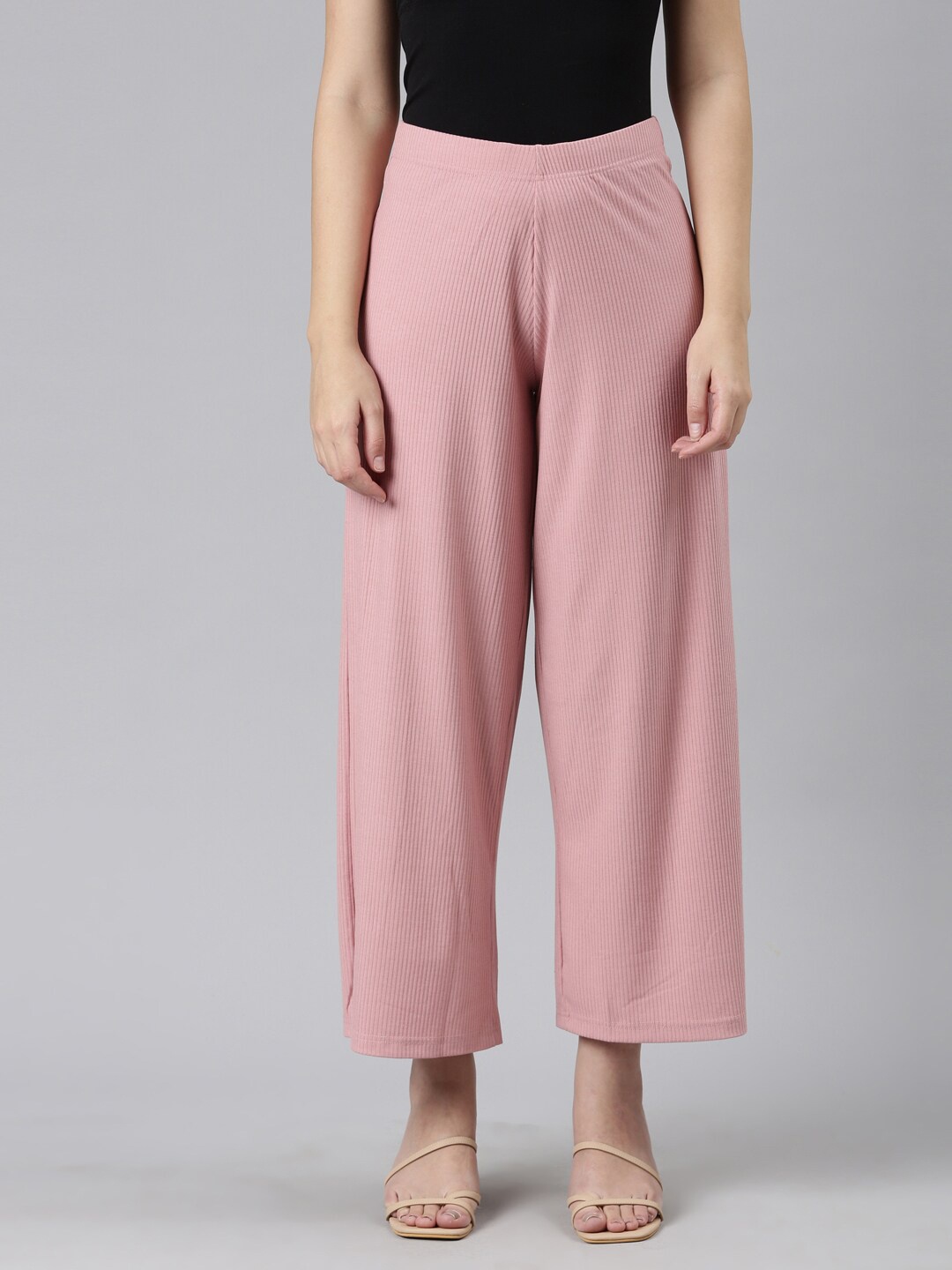 

Go Colors Women Mid Rise Ribbed Knitted Palazzo, Pink