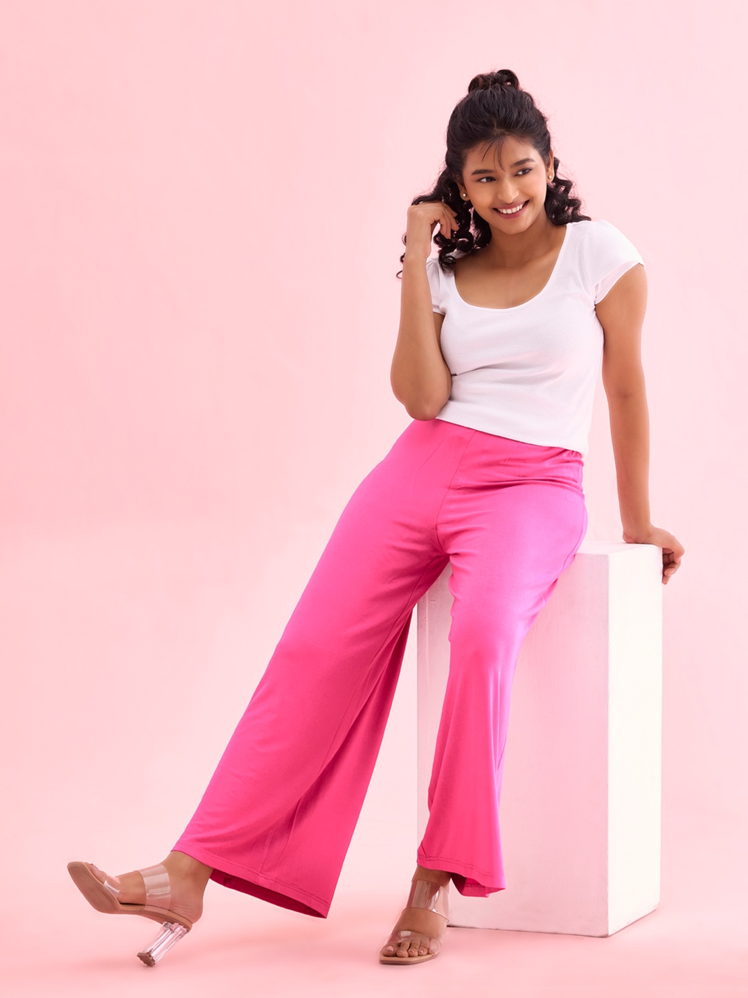 

Go Colors Women Mid Rise Knitted Palazzo, Rose