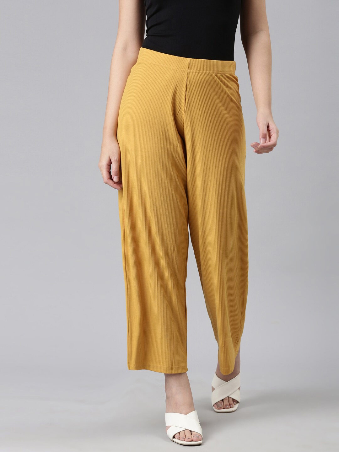 

Go Colors Women Wide Leg Knitted Palazzos, Yellow