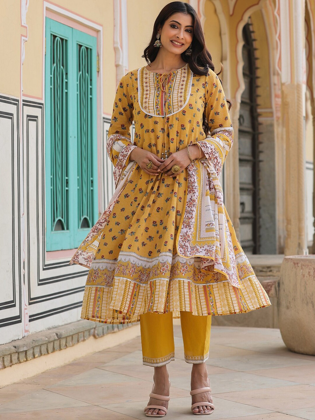 

Juniper Ethnic Motifs Printed Sequinned Pure Cotton Kurta with Trousers & Dupatta, Mustard