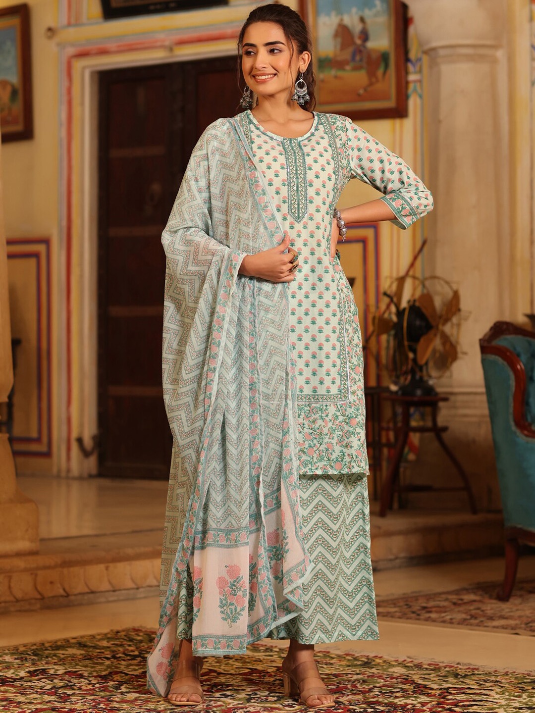 

Juniper Floral Printed Sequinned Pure Cotton Kurta with Palazzos & Dupatta, Cream