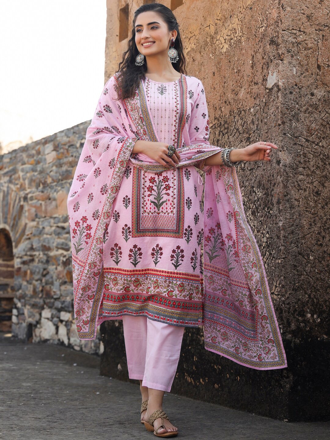 

Juniper Ethnic Motifs Printed Sequinned Pure Cotton Kurta with Palazzos & Dupatta, Pink