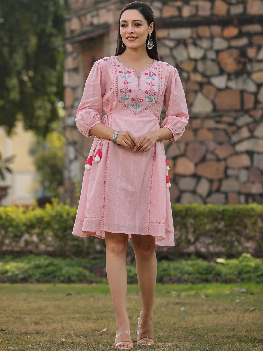 

Juniper Embroidered Notched Neck A-line Ethnic Dress, Pink