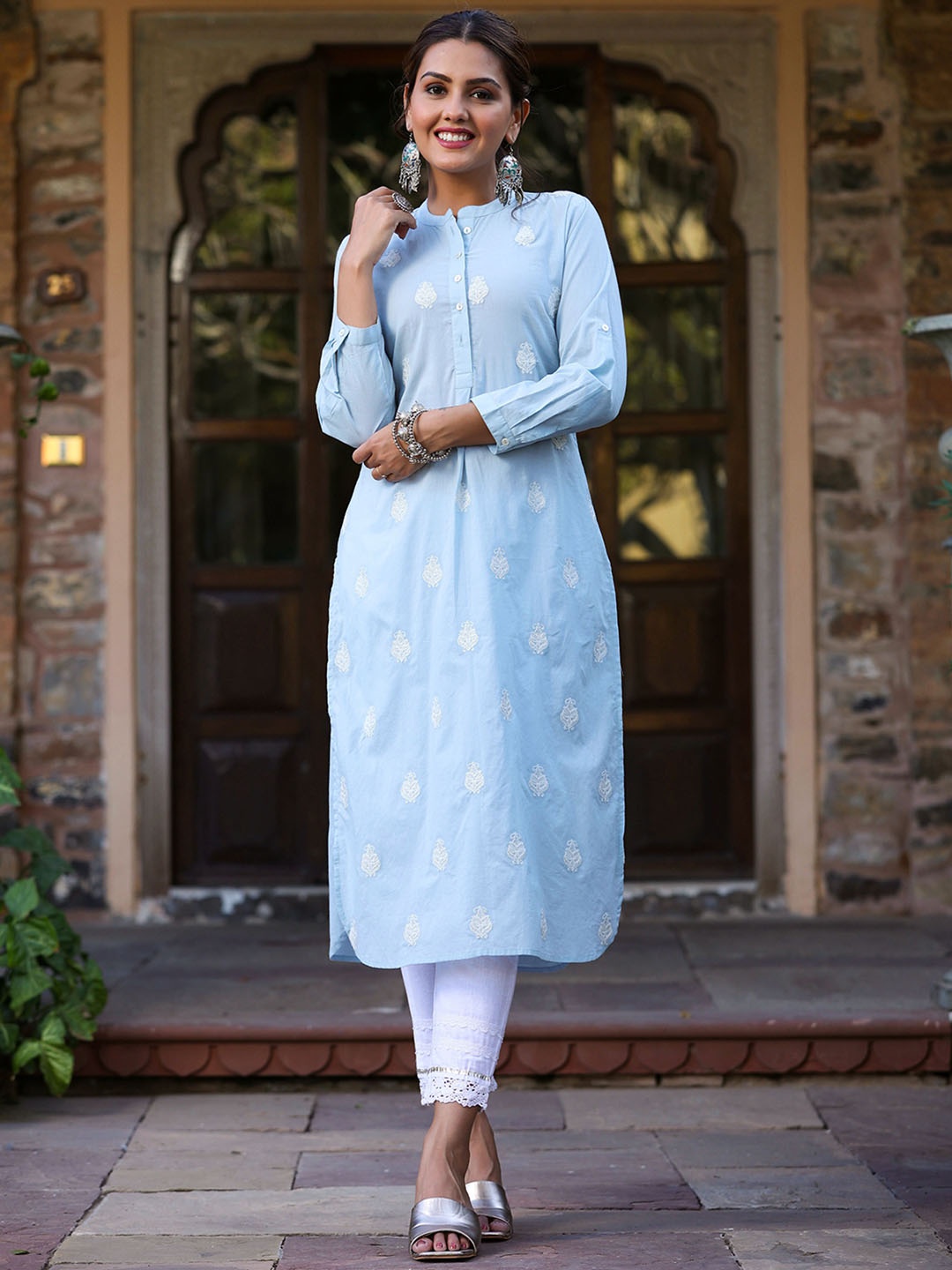 

Juniper Mandarin Collar Ethnic Motifs Embroidered Cambric Cotton Kurta, Blue