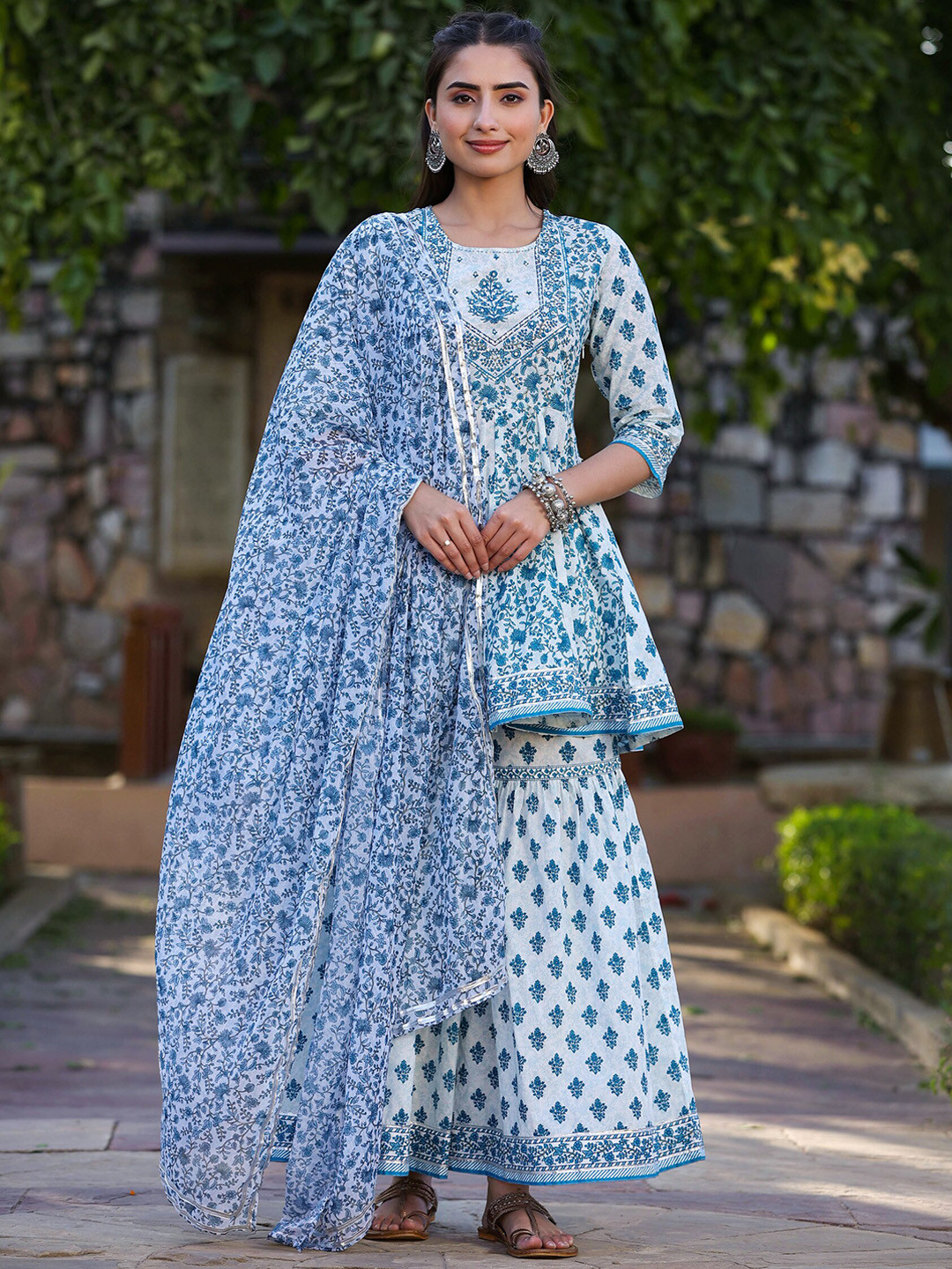

Juniper Floral Printed Sequinned A-Line Pure Cotton Kurti with Sharara & Dupatta, Turquoise blue