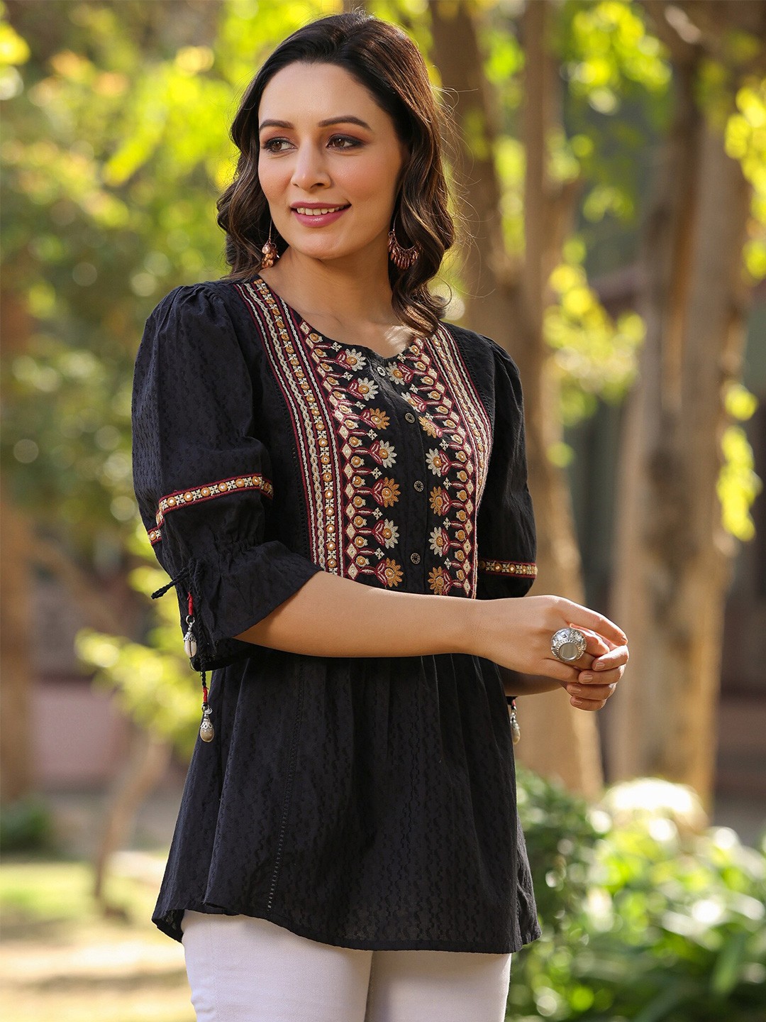 

Juniper Floral Embroidered Mirror Work Cotton Tunic, Black