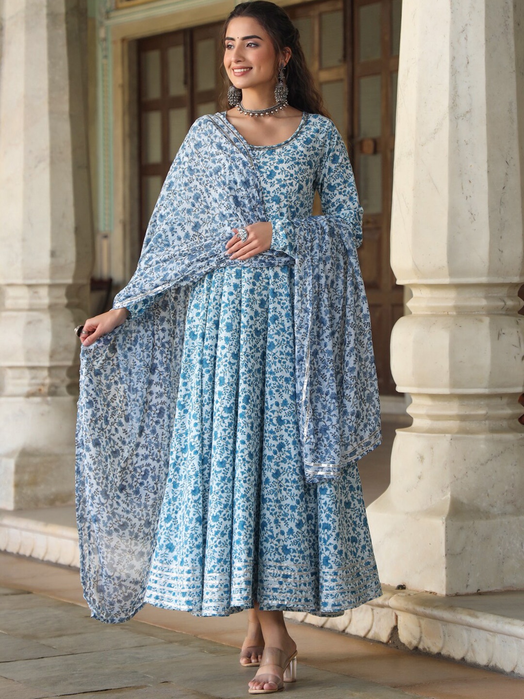 

Juniper Floral Printed Anarkali Cotton Kurta With Dupatta, Blue