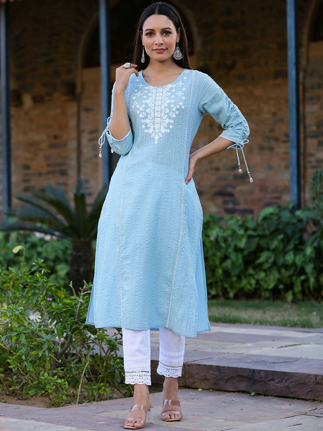 

Juniper Sheer Sucker Ethnic Motifs Embroidered Mirror Work Cotton Kurta, Blue