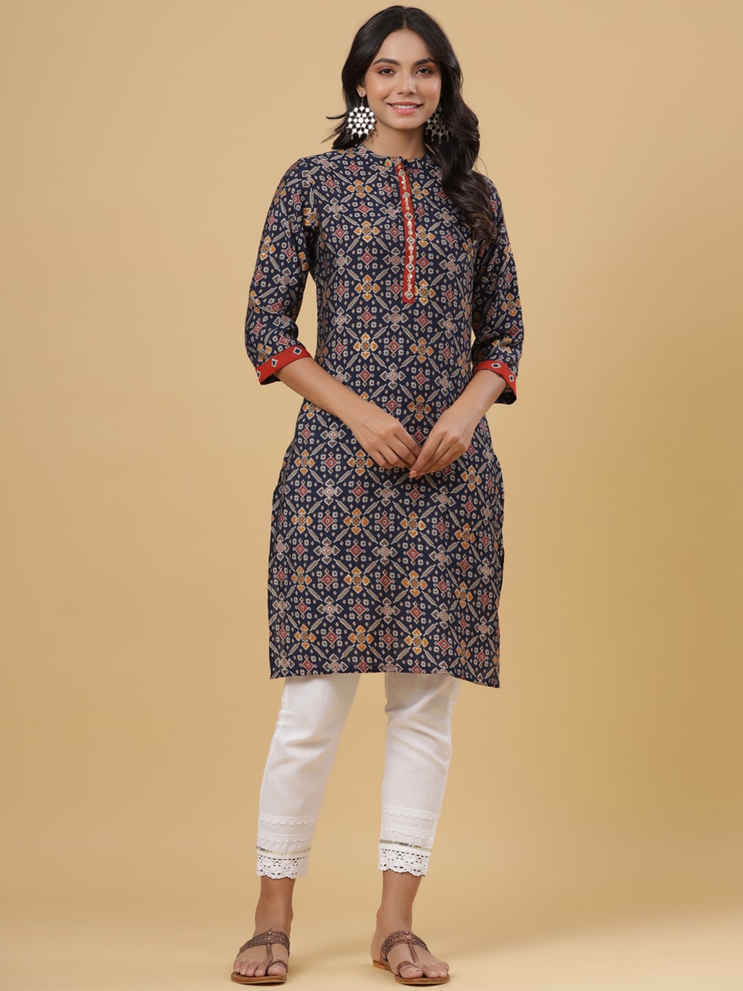

Juniper Mandarin Collar Ethnic Motifs Printed Sequined Straight Kurta, Navy blue