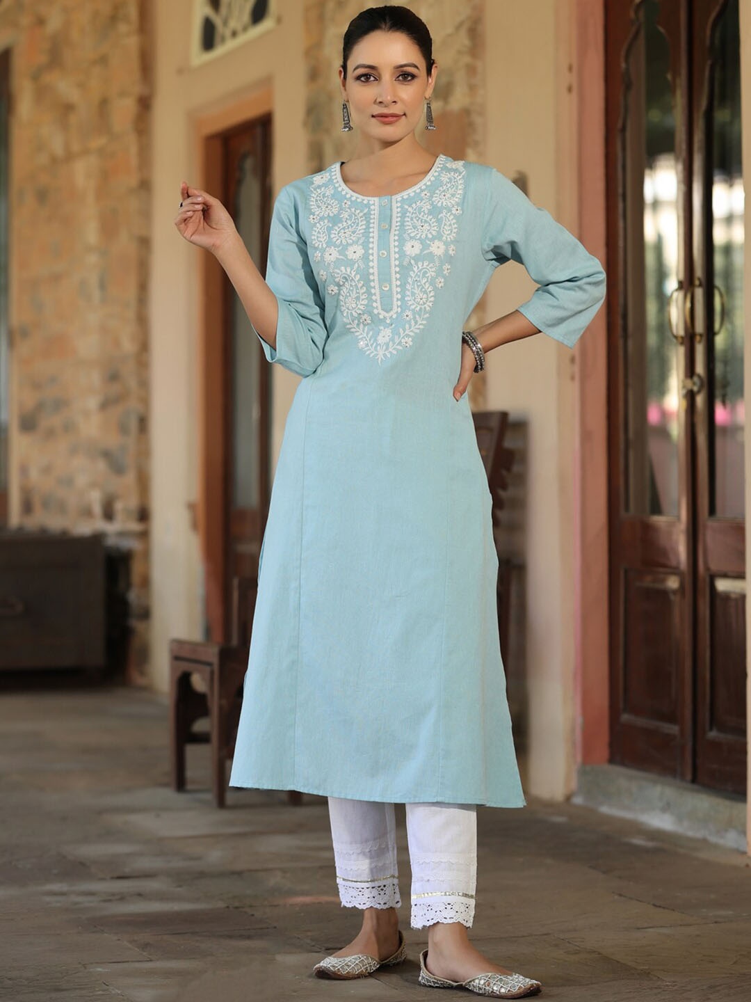 

Juniper Ethnic Motifs Embroidered Sequined Cotton Kurta, Blue