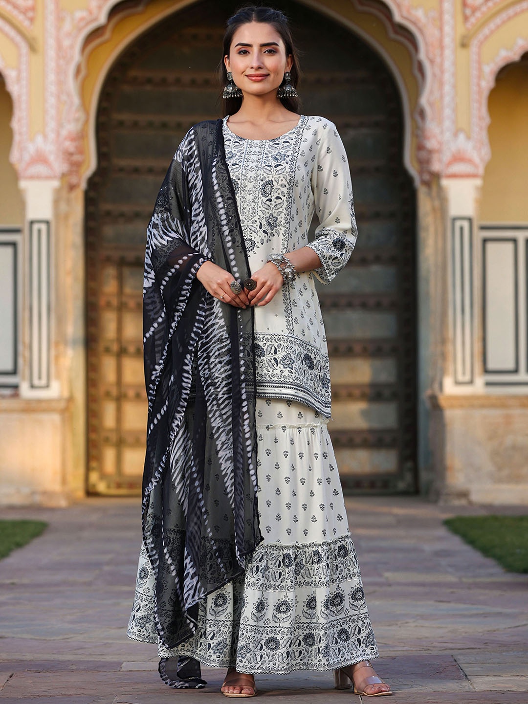 

Juniper Floral Printed Thread Work Kurta with Sharara & Dupatta, Off white