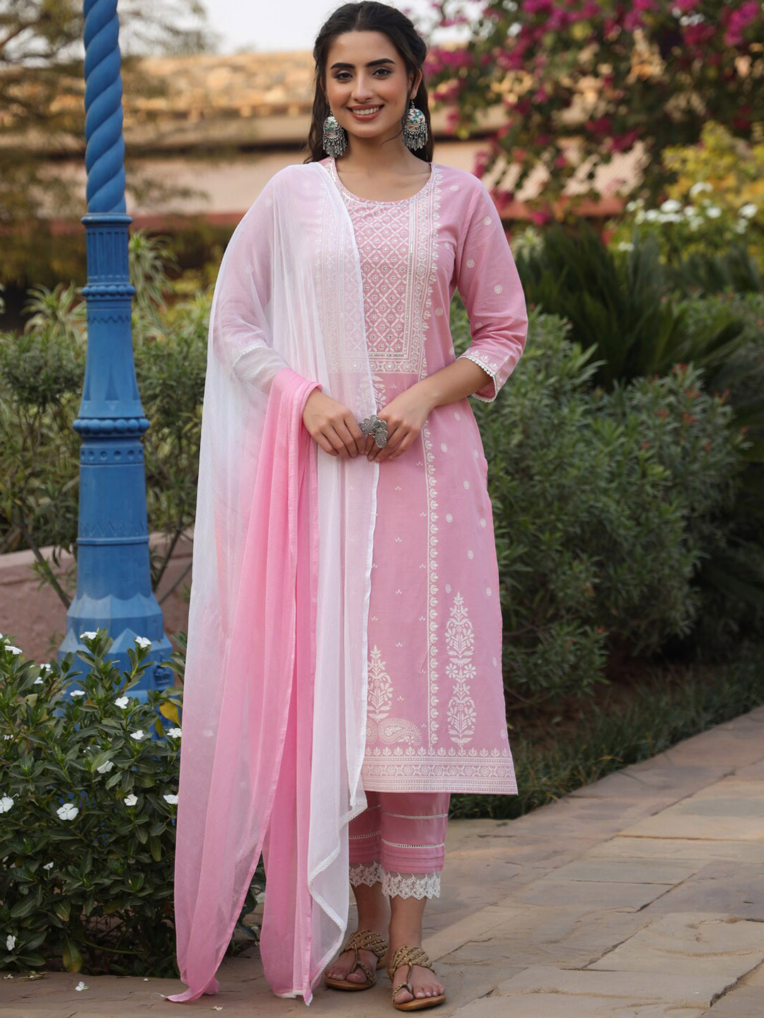 

Juniper Ethnic Motifs Printed Sequinned Pure Cotton Kurta with Trousers & Dupatta, Pink
