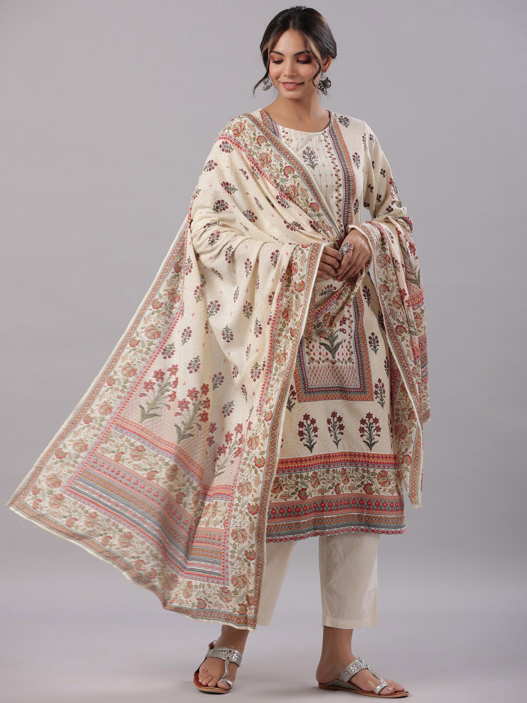 

Juniper Floral Printed Pure Cotton Kurta With Trousers & Dupatta, Beige