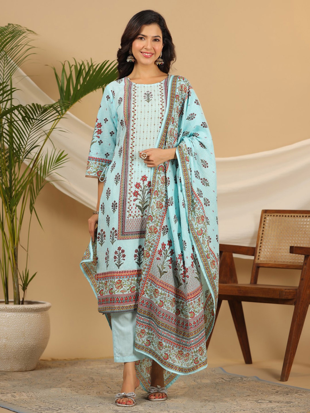 

Juniper Ethnic Motifs Printed Pure Cotton Kurta with Trousers & Dupatta, Turquoise blue