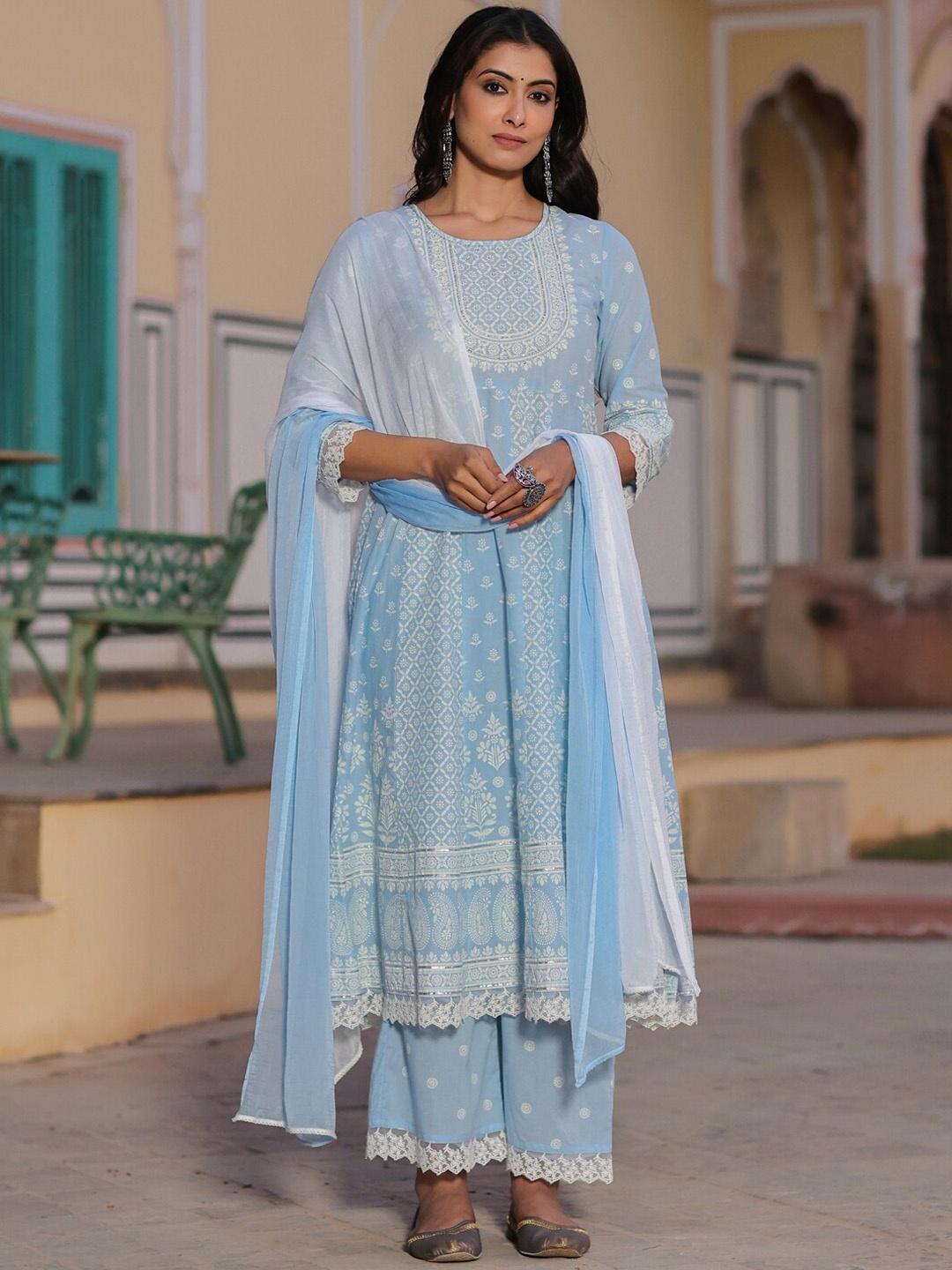 

Juniper Floral Printed Sequinned Pure Cotton Kurta with Palazzos & Dupatta, Blue