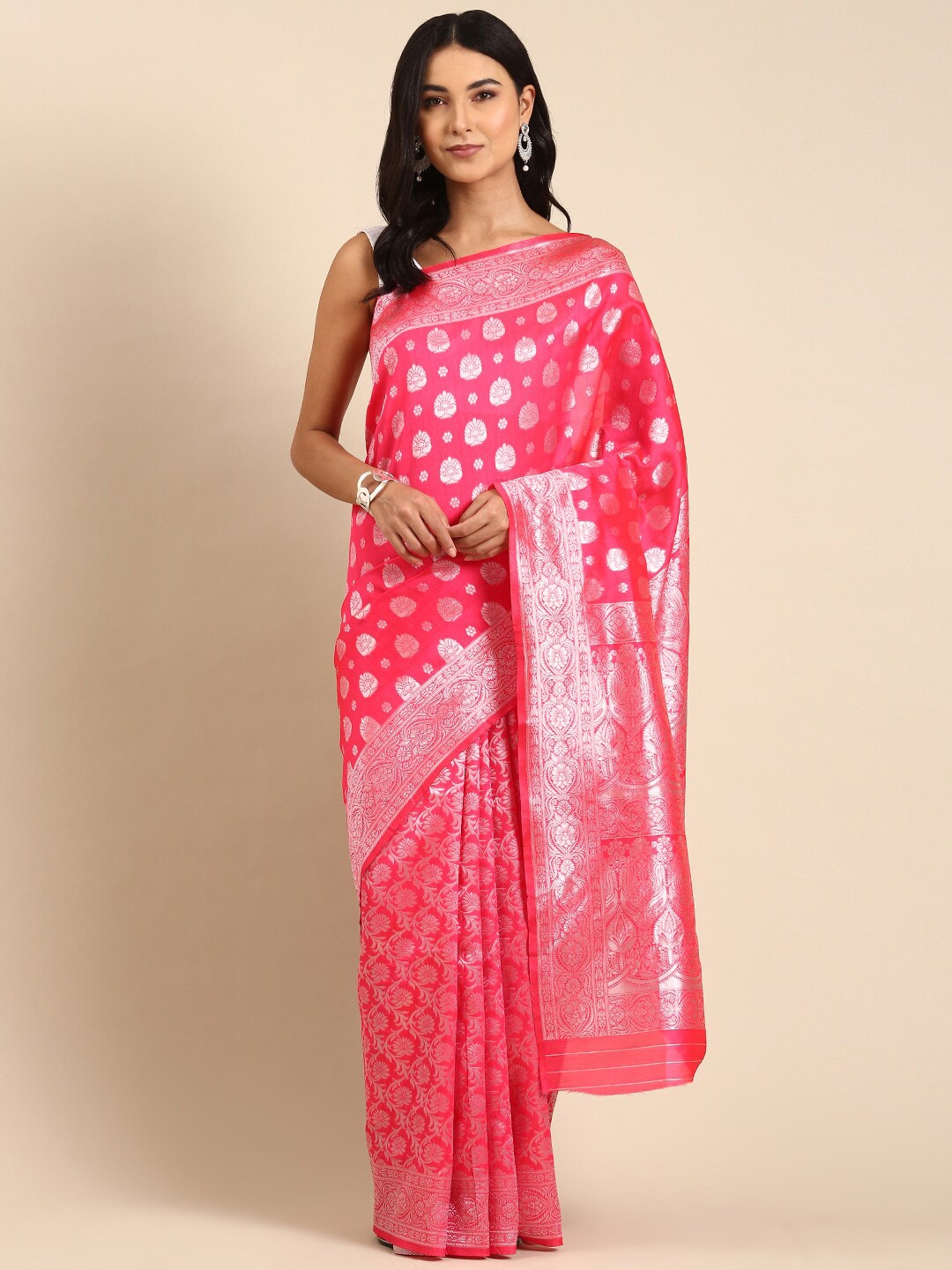 

Anouk Ethnic Motifs Woven Design Zari Kanjeevaram Saree, Coral