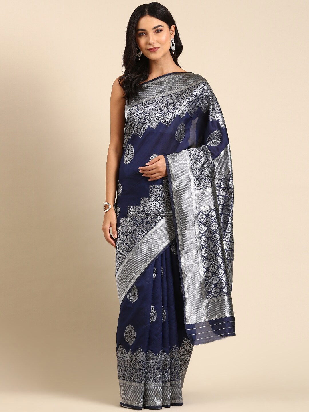 

Anouk Woven Design Zari Silk Blend Kanjeevaram Saree, Navy blue