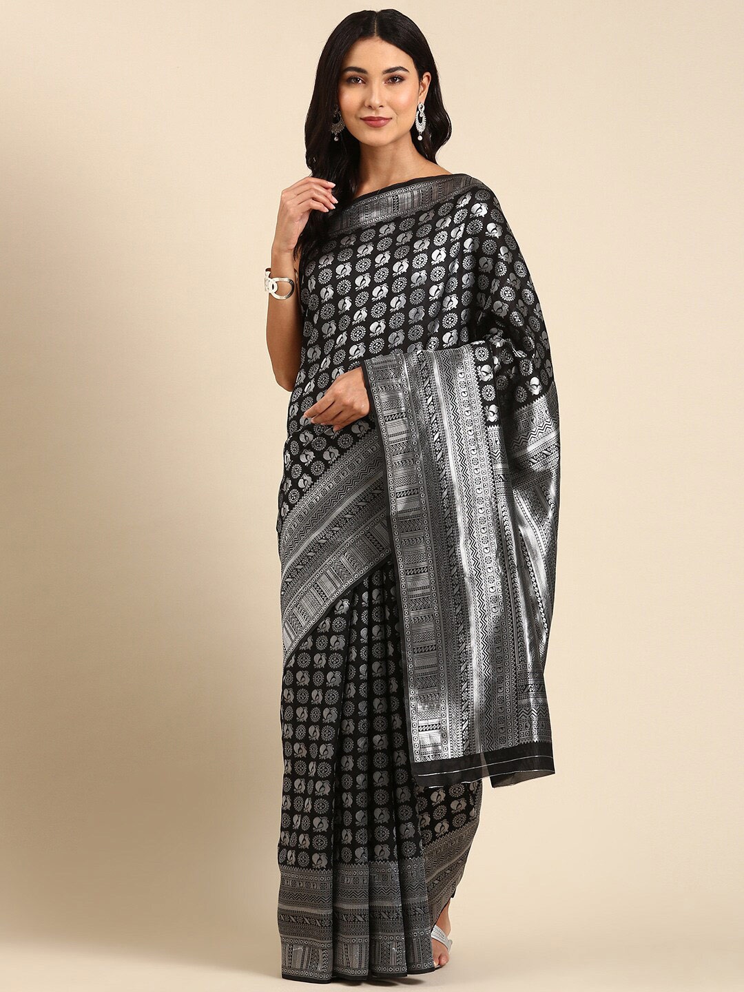

Anouk Woven Design Zari Silk Blend Kanjeevaram Saree, Black
