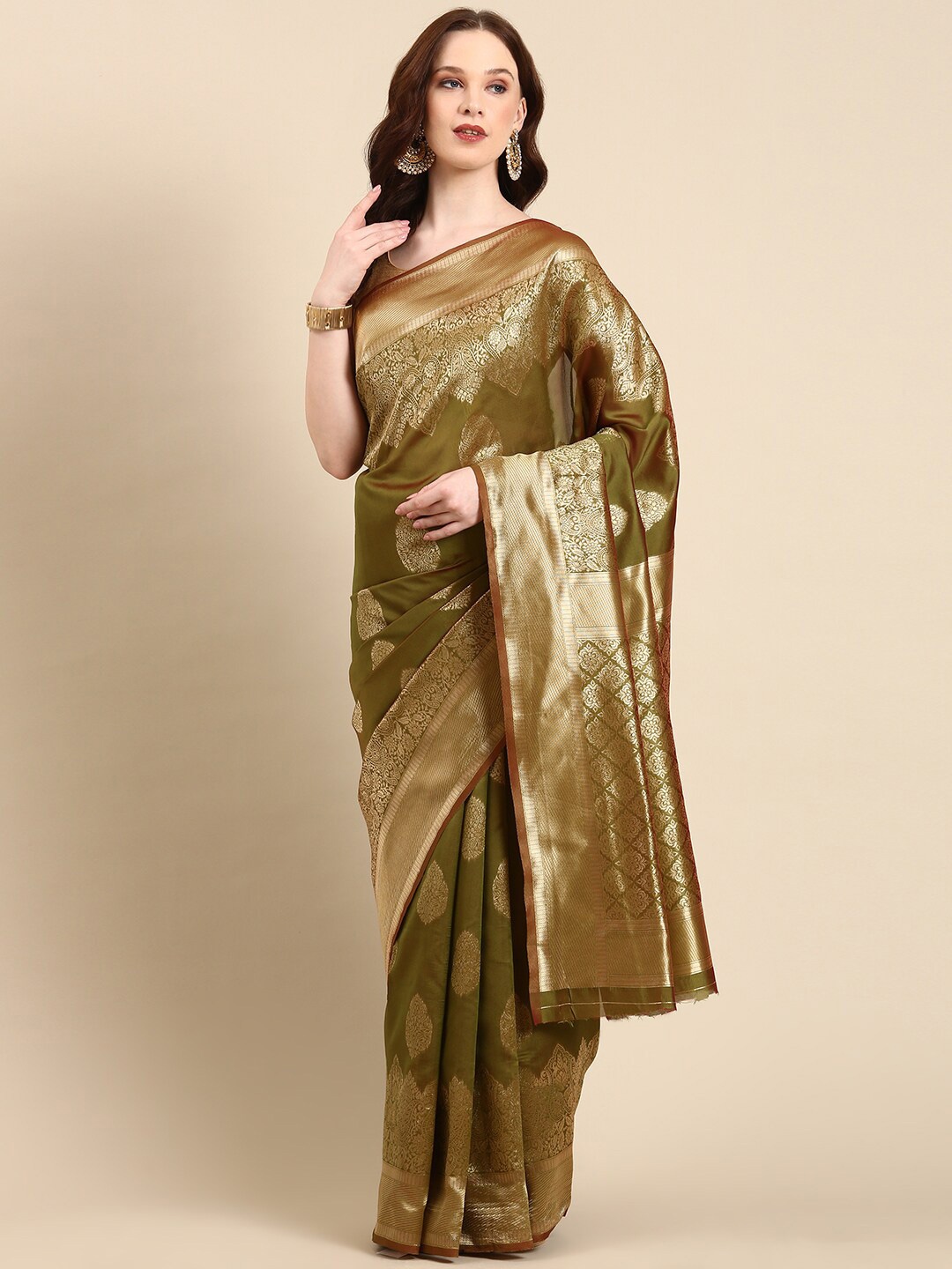 

Anouk Ethnic Motifs Woven Design Zari Silk Blend Kanjeevaram Saree, Green