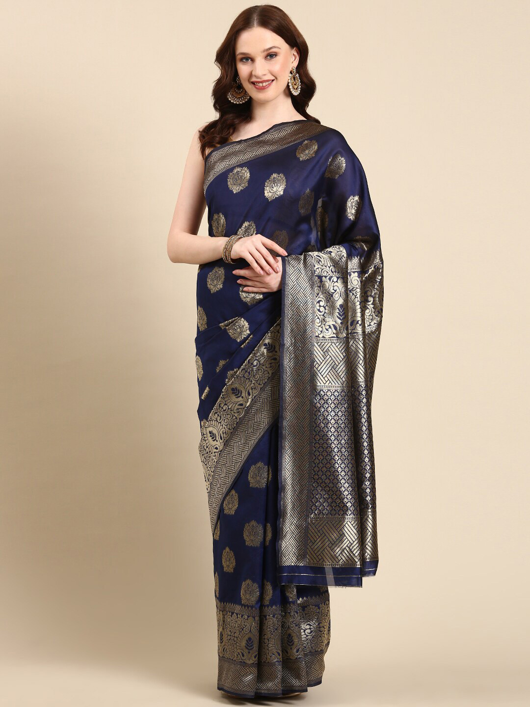 

Anouk Ethnic Motifs Woven Design Zari Silk Blend Banarasi Saree, Navy blue
