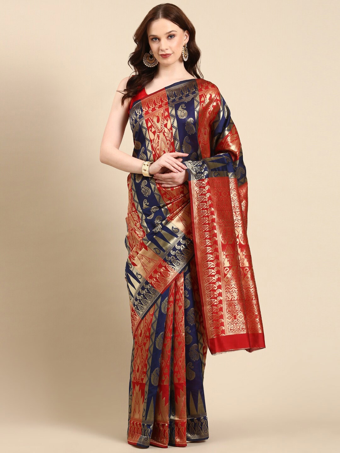 

Anouk Paisley Woven Design Zari Silk Blend Kanjeevaram Saree, Navy blue